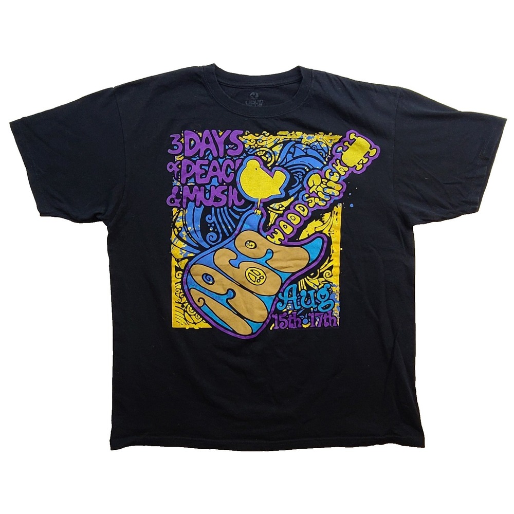 Liquid Blue Woodstock 1969 Peace and Music Black Graphic T-Shirt XL